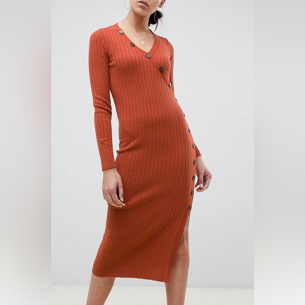 ASOS rust midi sweater dress in rib knit with buttons